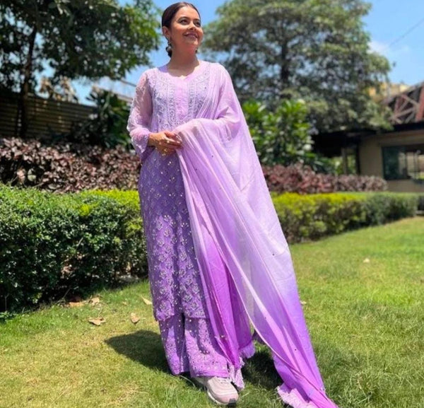 Purple Mirror Work Chikankari Sharara Set