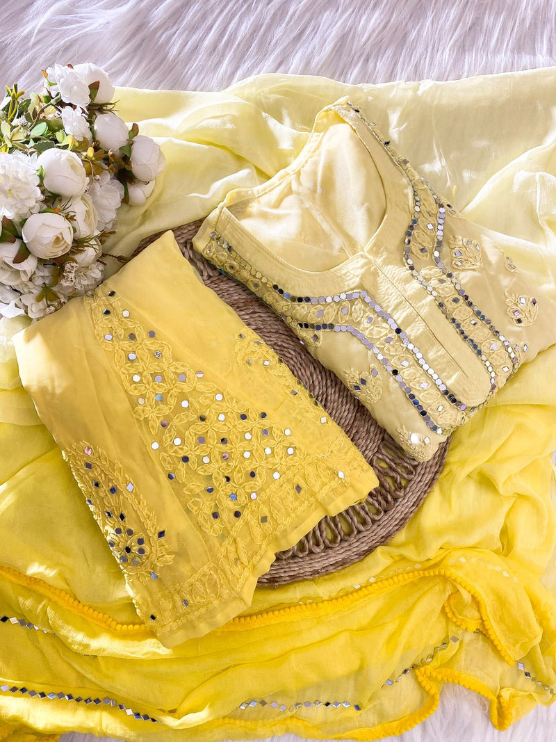 Yellow Mirror Work Chikankari Sharara Set