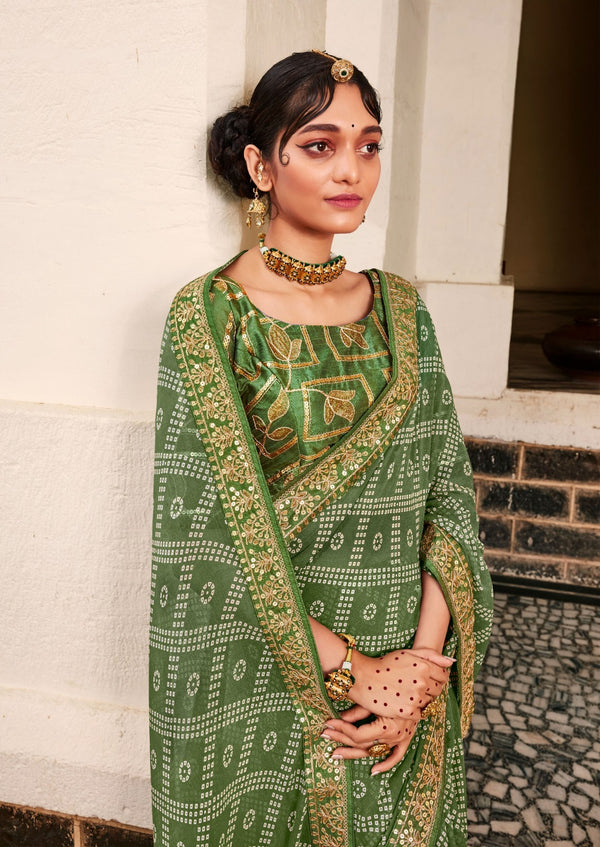 Bandhej Gota work Georgette Saree Green