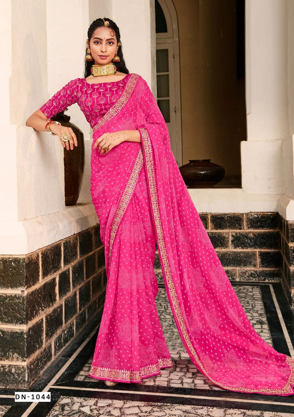 Hot Pink Bandhej Gota work Georgette Saree