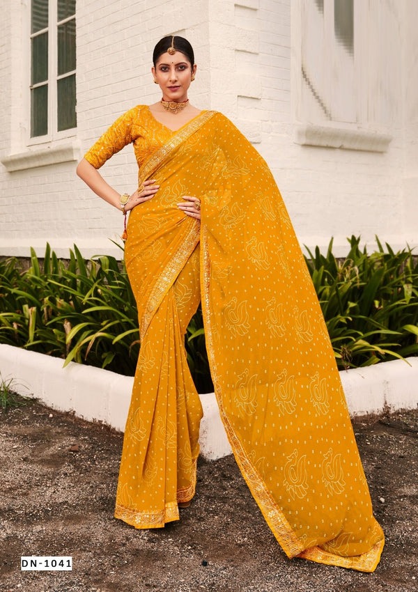 Yellow Bandhej Gota work Georgette Saree