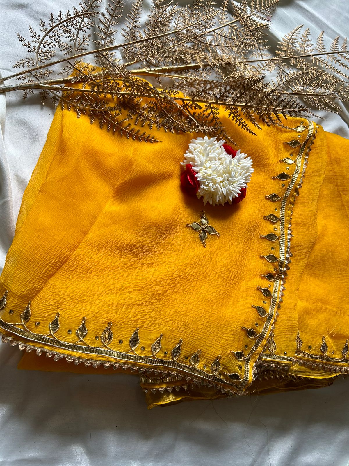 yellow gota patti handmade chiffon saree online shop