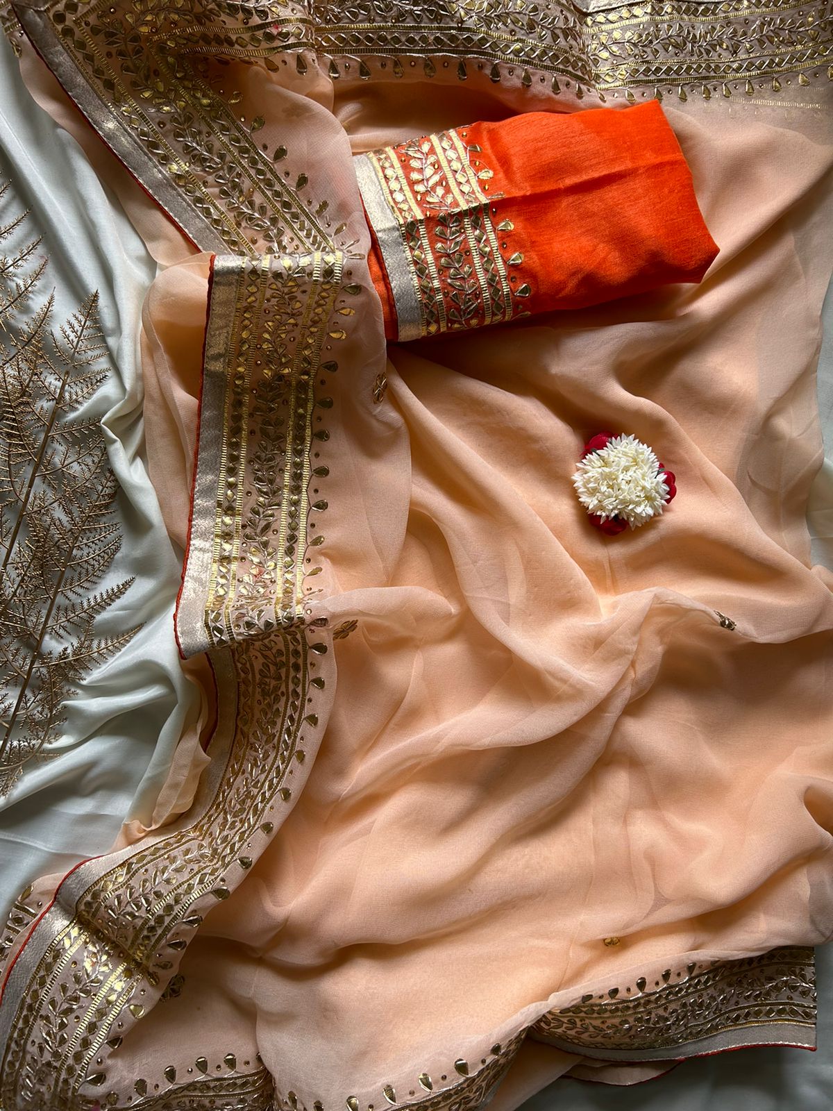 Buy Peach Dola Silk Bandhani Saree With Gota Work And Unstitched Blouse  Piece