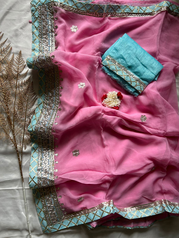 Pink  Gota Patti Saree Blue Border