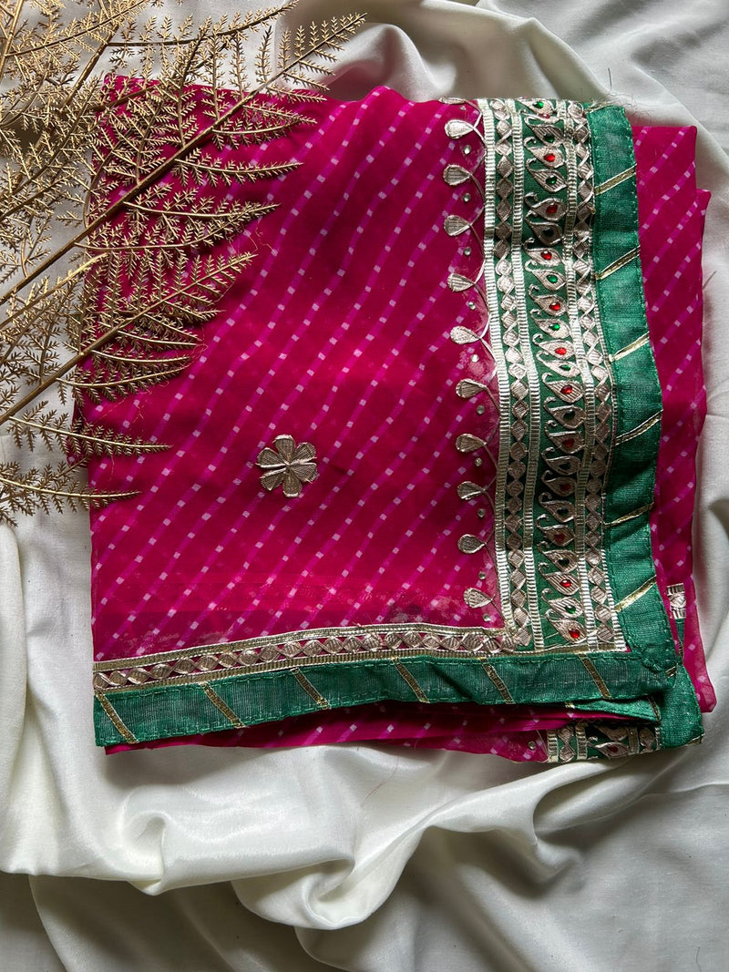 Mothra Gota Patti Saree In Rani Pink