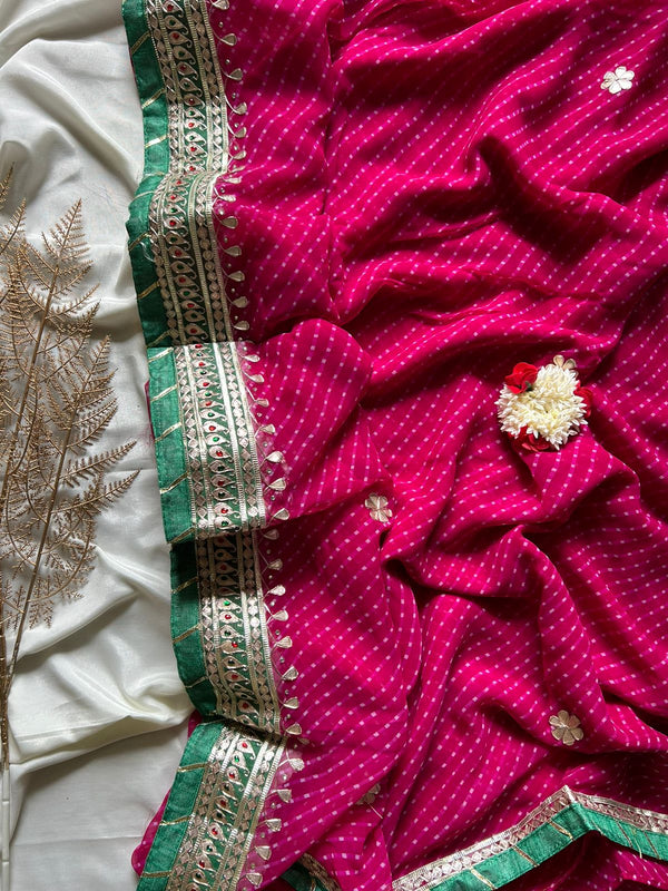 Mothra Gota Patti Saree In Rani Pink