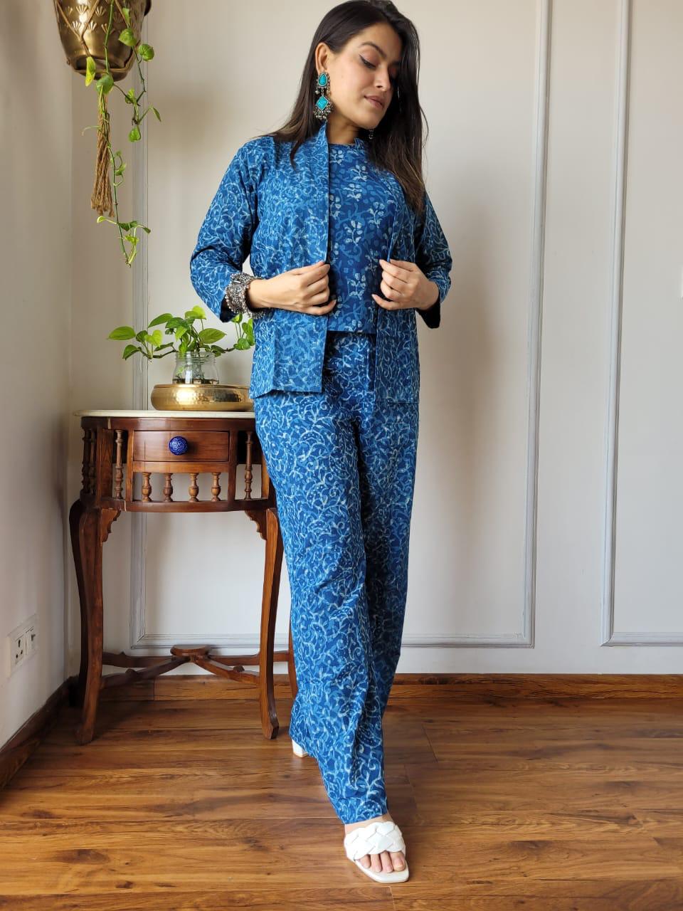 Blue Formal Block Print 3 piece Cord Set