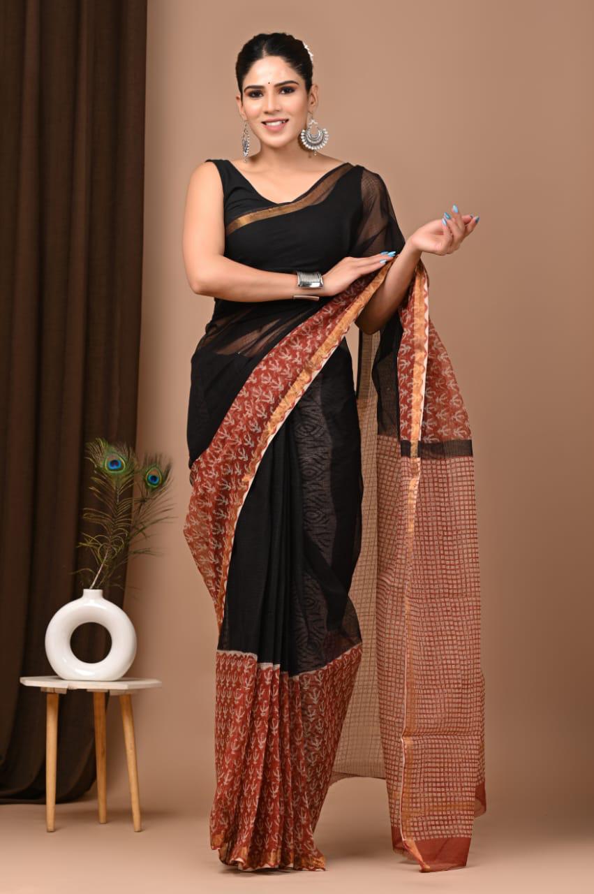 Charming Black Traditional Kota Doriya Print Saree