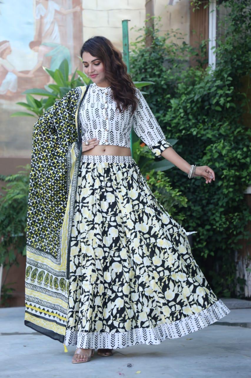 Black and Cream Bagru Print Flora lehenga choli Set