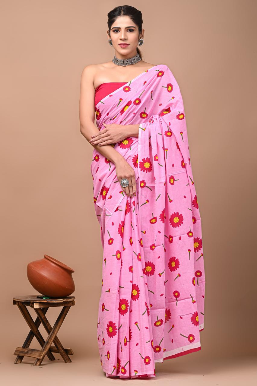 Mulmul Cotton Saree In Light Pink