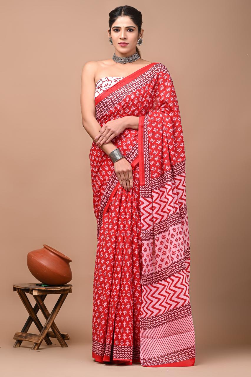 Traditional Red Gold Hand Block Print MulMul Cotton Saree