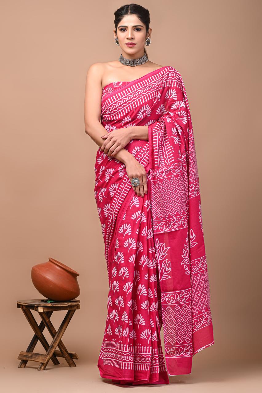 Bright Pink Fun Trending Hand Block Print MulMul Cotton Saree