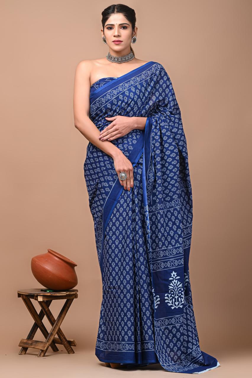 Blue Fun Hand Block Print MulMul Cotton Saree