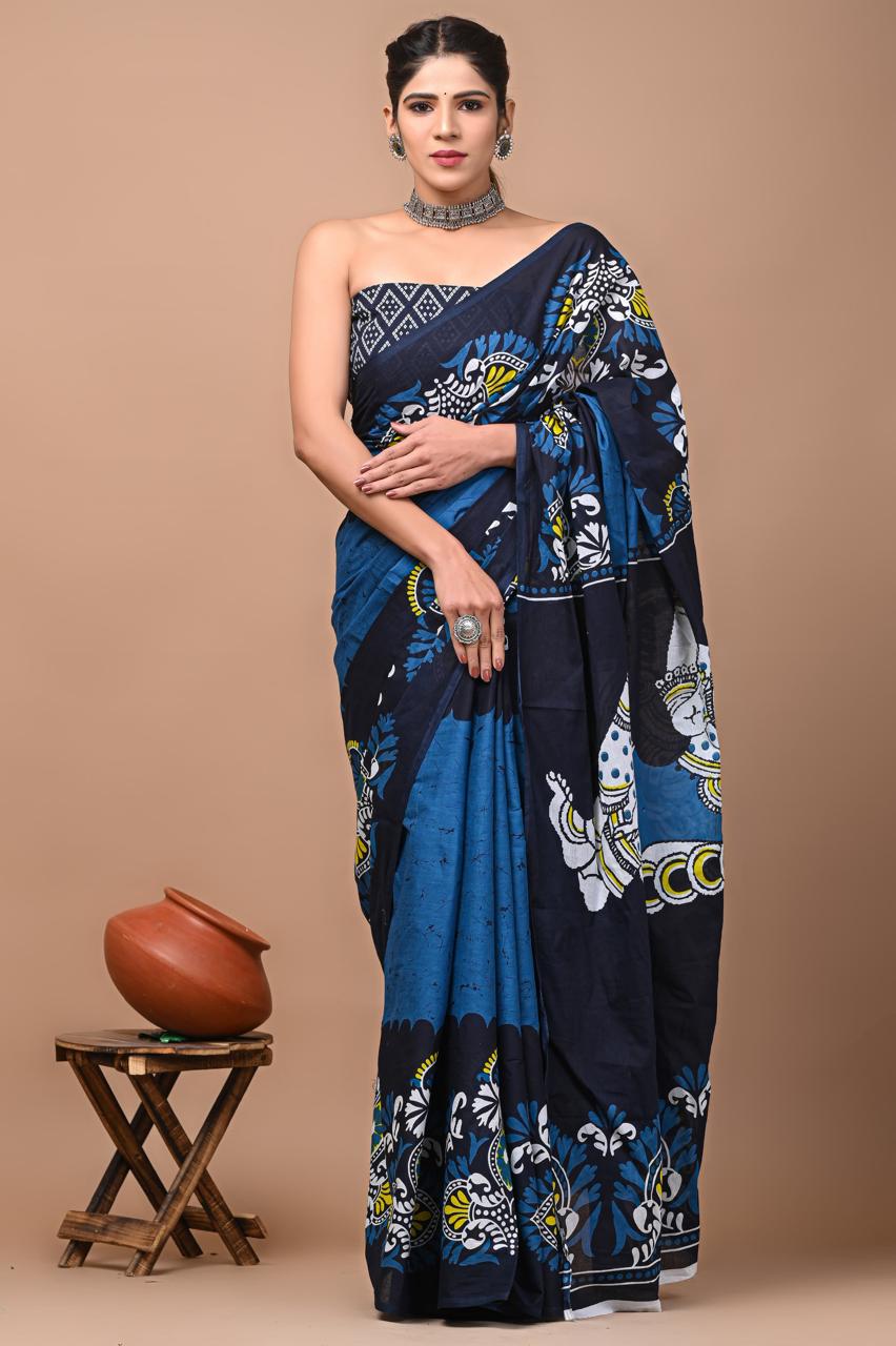 Blue cotton Saree