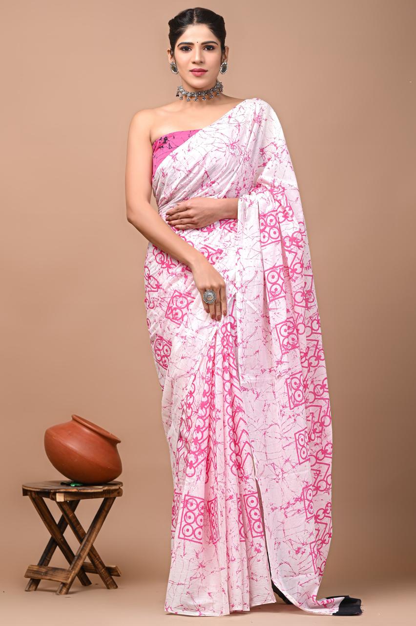 Mulmul Cotton Saree In Pink