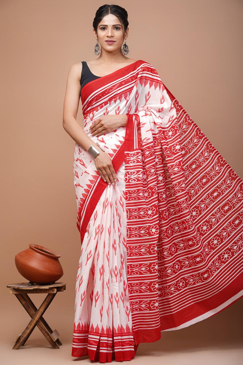 White & Red Traditional Hand Block Print MulMul Cotton Saree