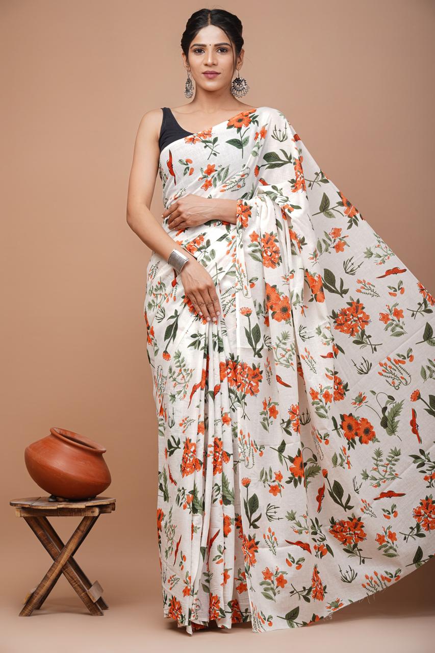 White Cotton Printed Saree