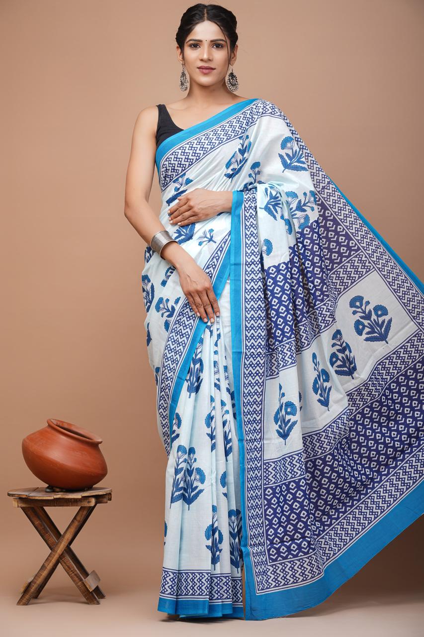 White & Skyblue White Cotton Saree