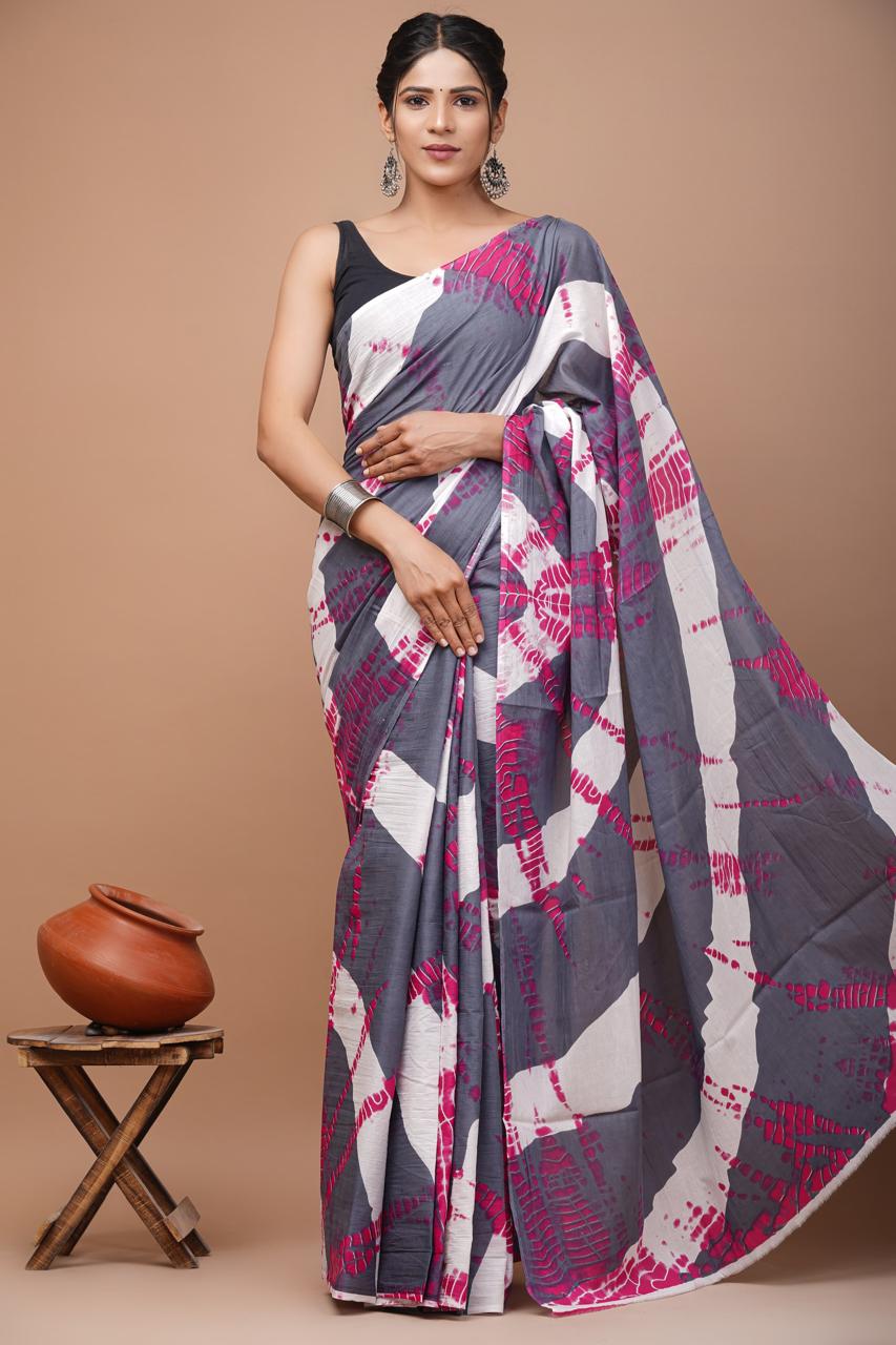 Grey Hand Block Print MulMul Cotton Saree