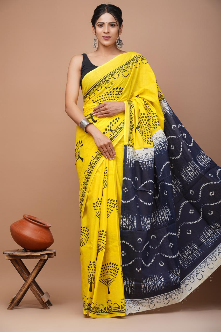 Bright Yellow Fun Hand Block Print MulMul Cotton Saree