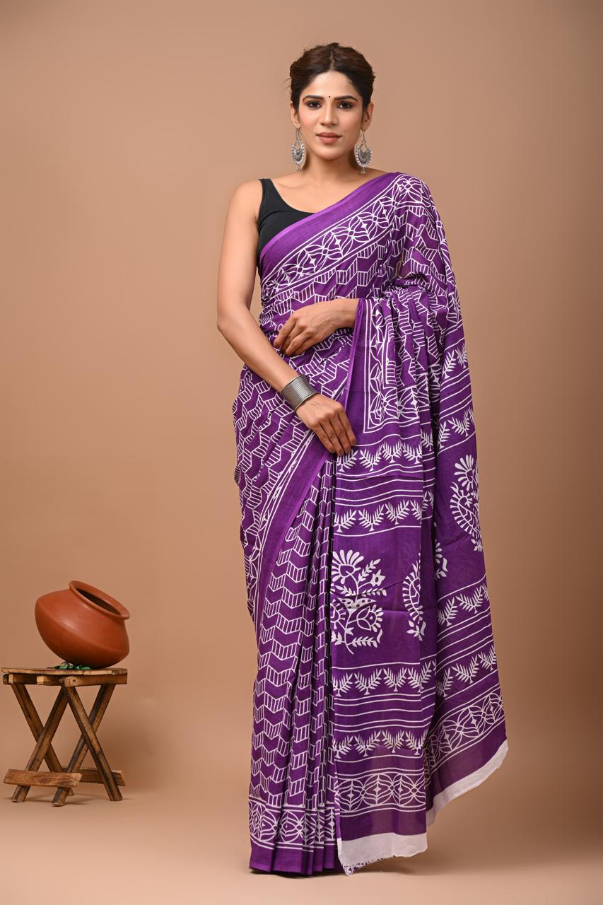 Purple Hand Block Print MulMul Cotton Saree