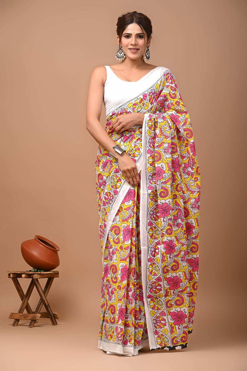 Yellow Fun Trending Hand Block Print MulMul Cotton Saree