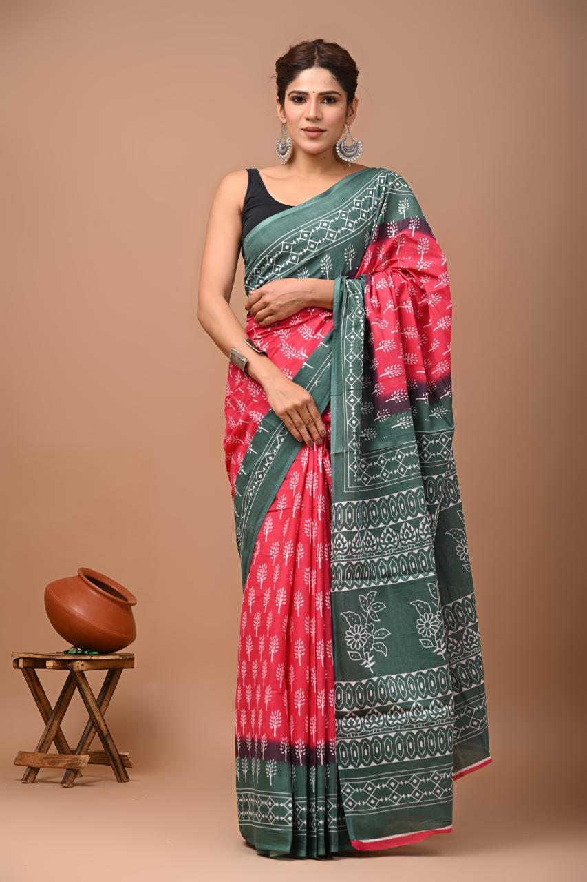 Pink Trending Hand Block Print MulMul Cotton Saree