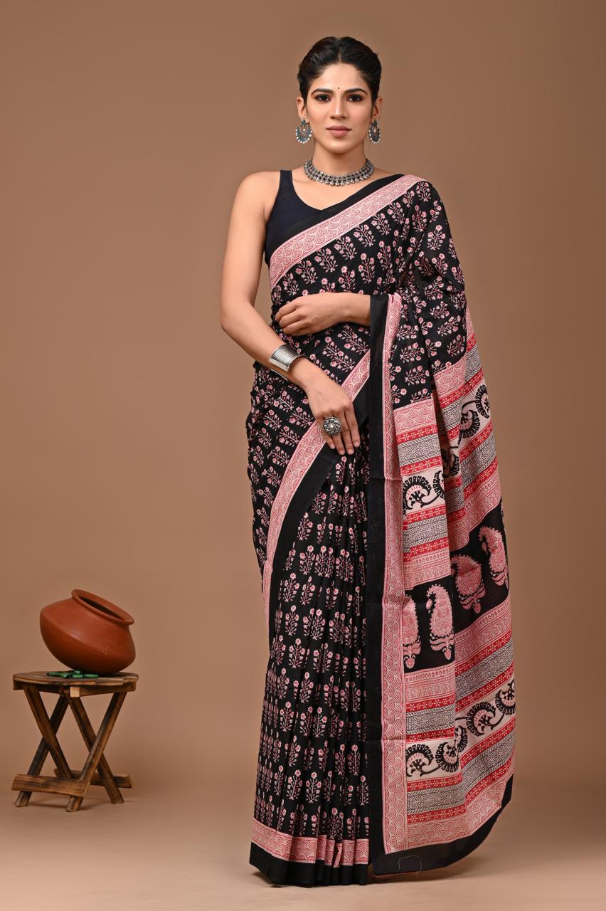 Black Traditional Hand Block Print MulMul Cotton Saree