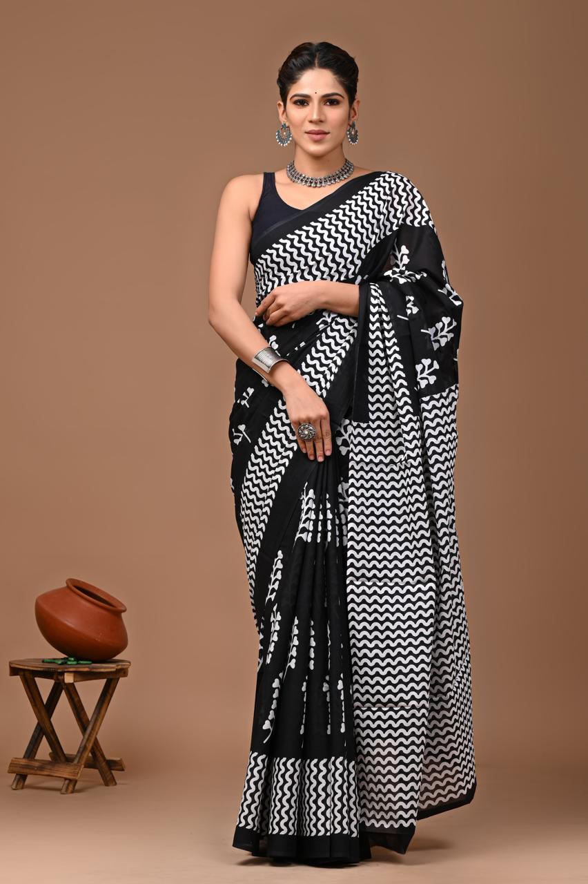 Black Trending Hand Block Print MulMul Cotton Saree