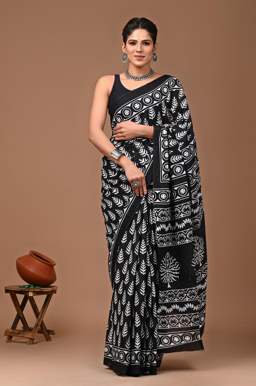 Mulmul Cotton Saree In black