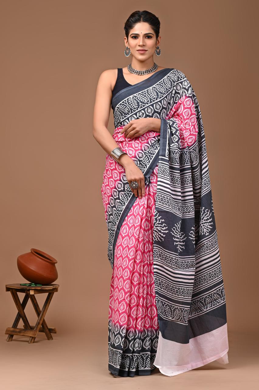 Pink Block Print Saree