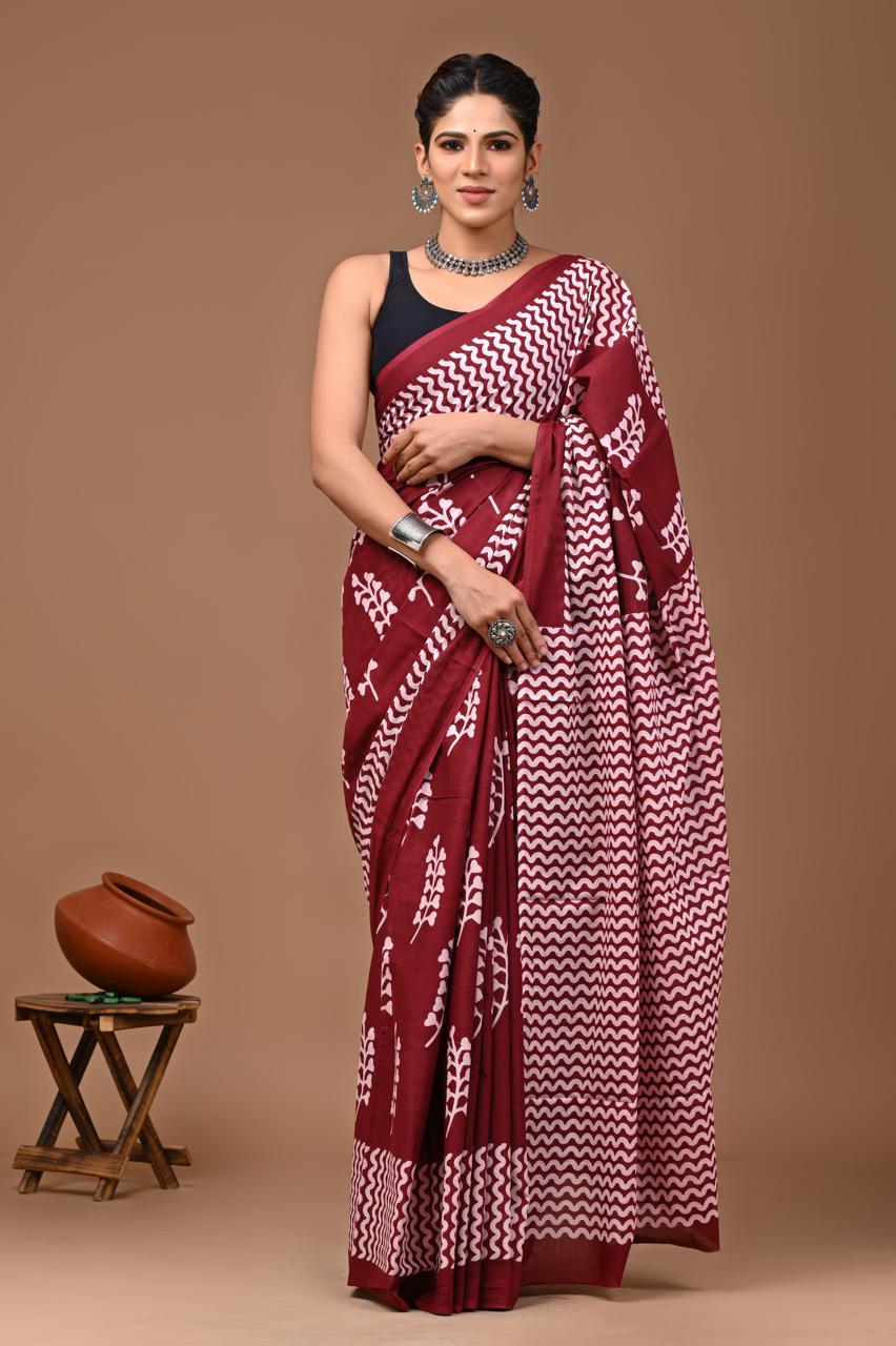 Maroon Cotton Printed Saree