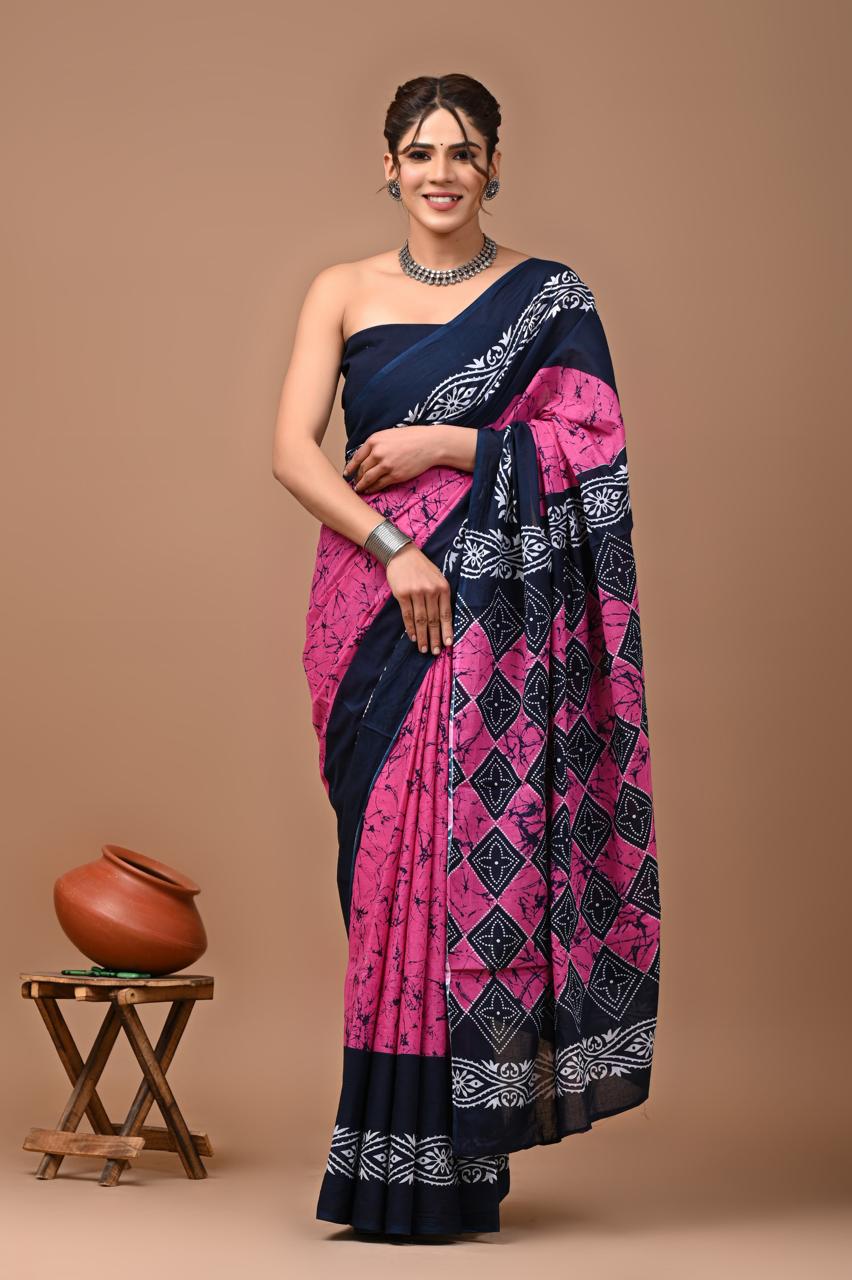 Pink Blue Fun Trending Hand Block Print MulMul Cotton Saree