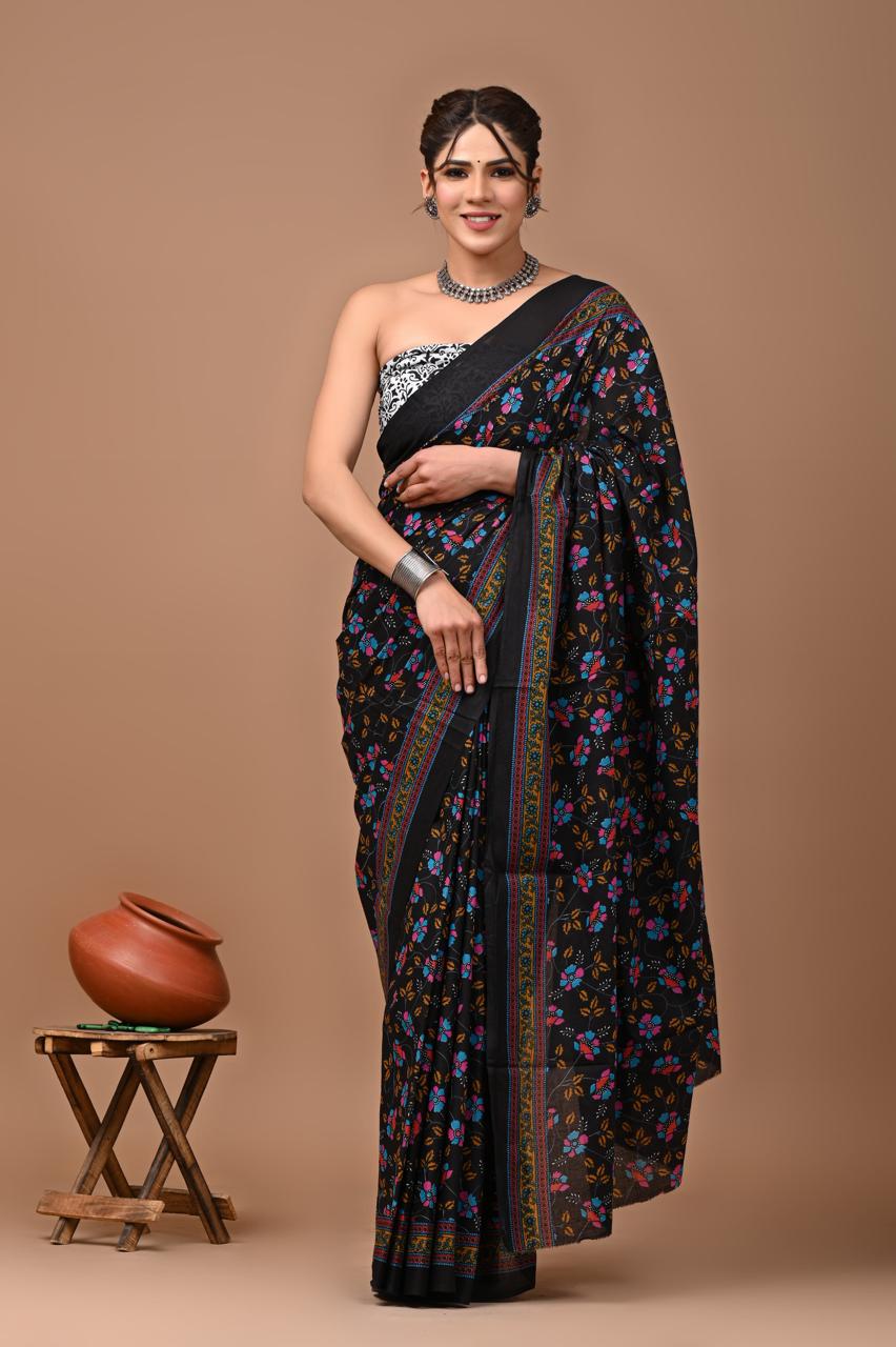 Black Mulmul Cotton Saree