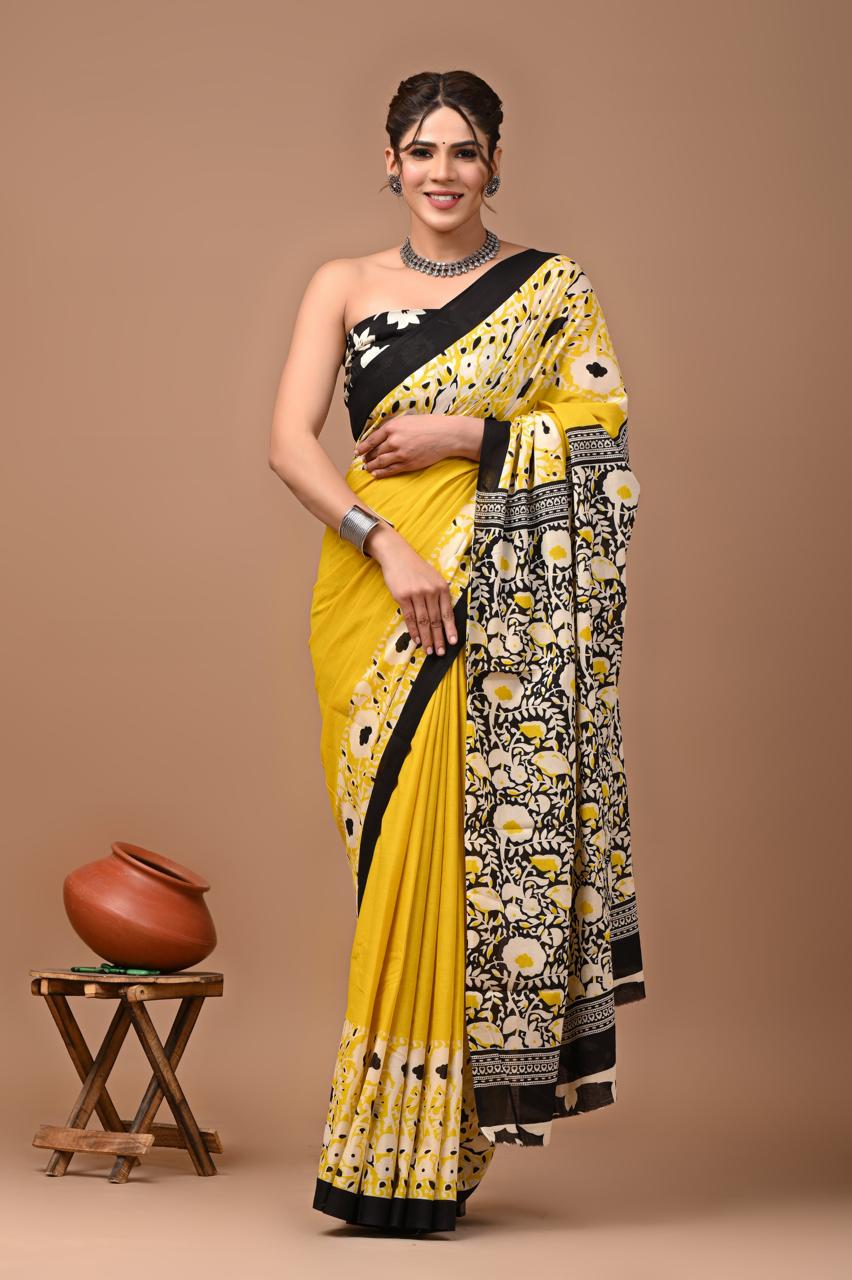 Mulmul Cotton Saree In Yellow