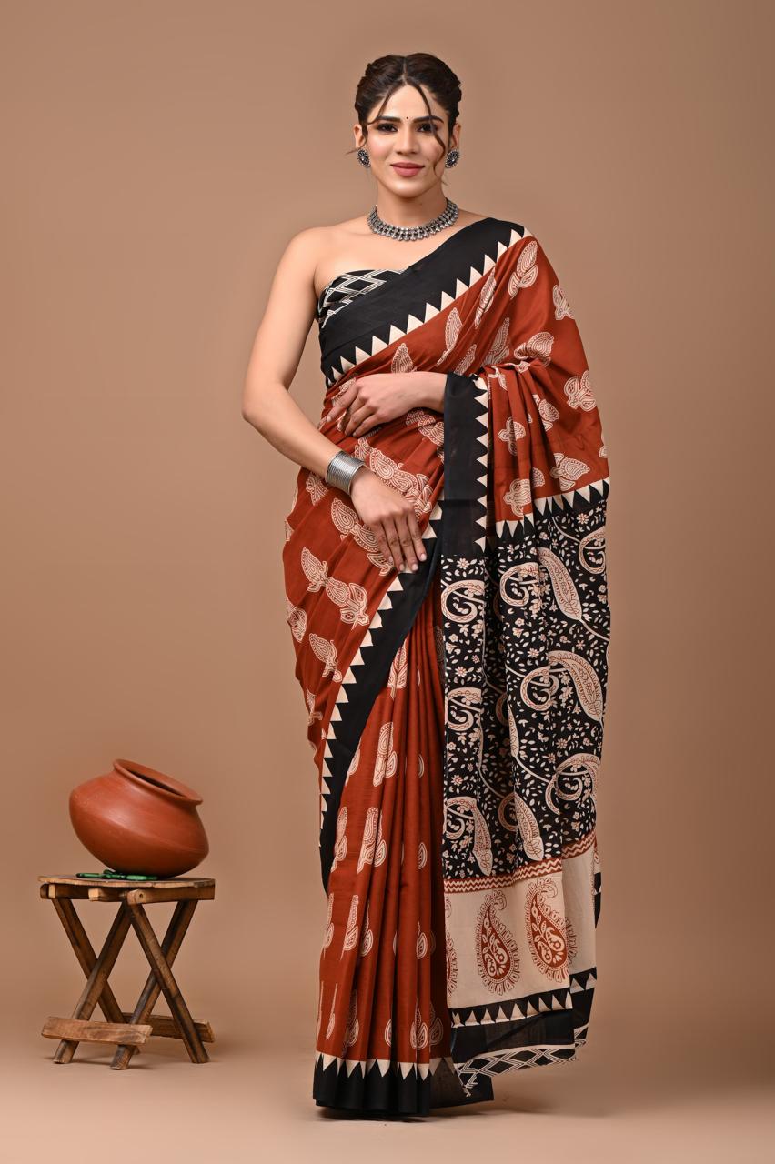 Mulmul Cotton Saree In Maroon