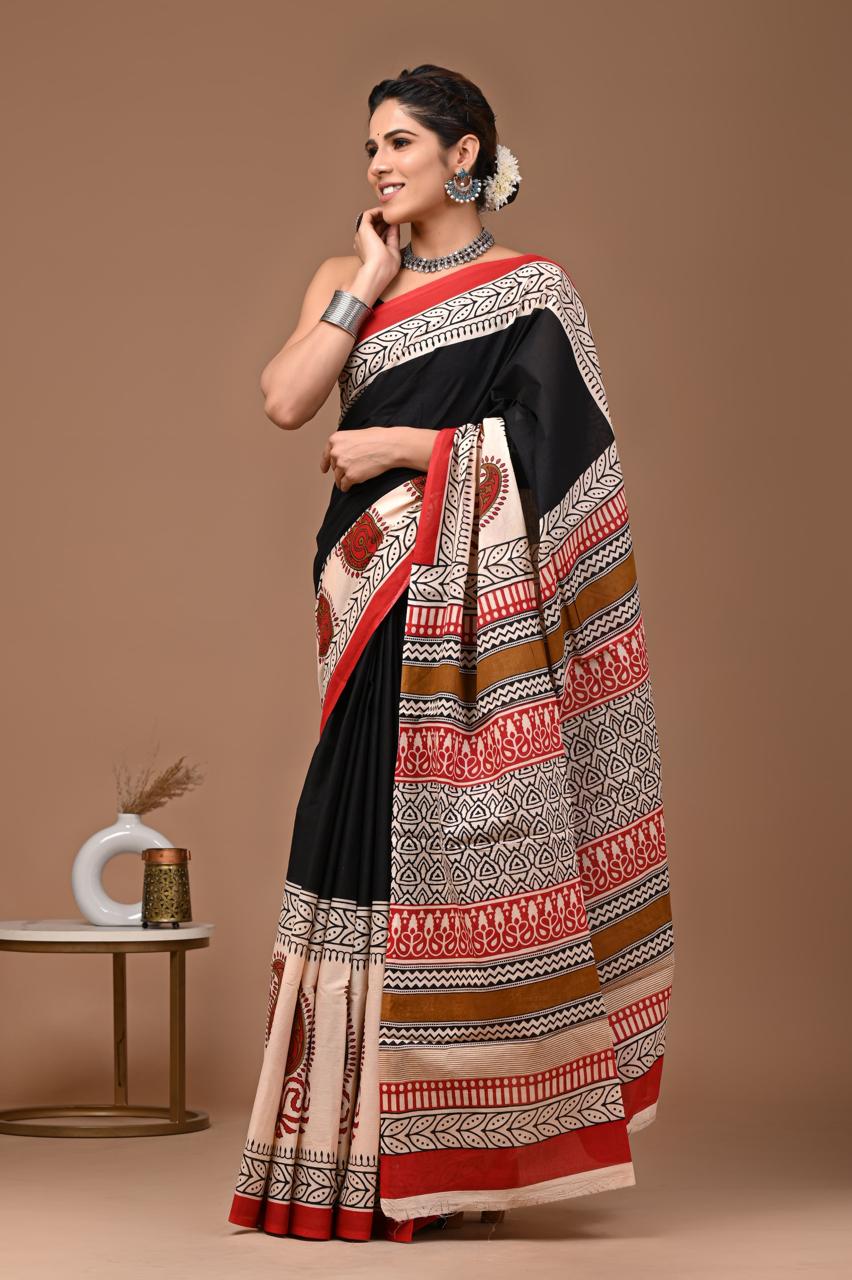 Black Bagru Cotton Saree