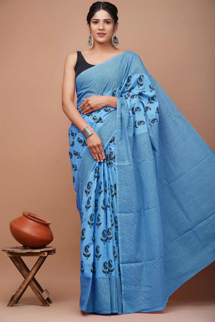 Turquoise Blue Fun Trending Hand Block Print MulMul Cotton Saree