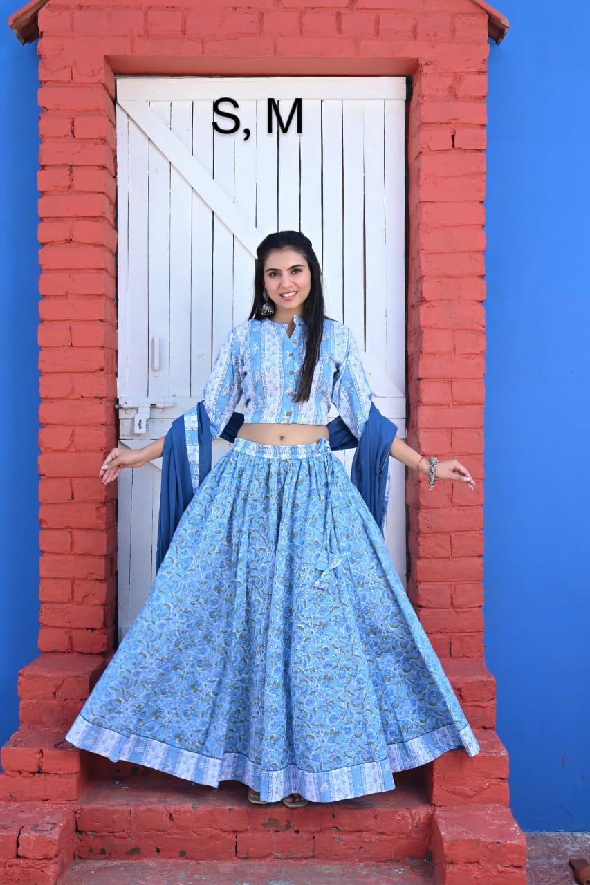 Blue Bagru Print Flora lehenga choli Set