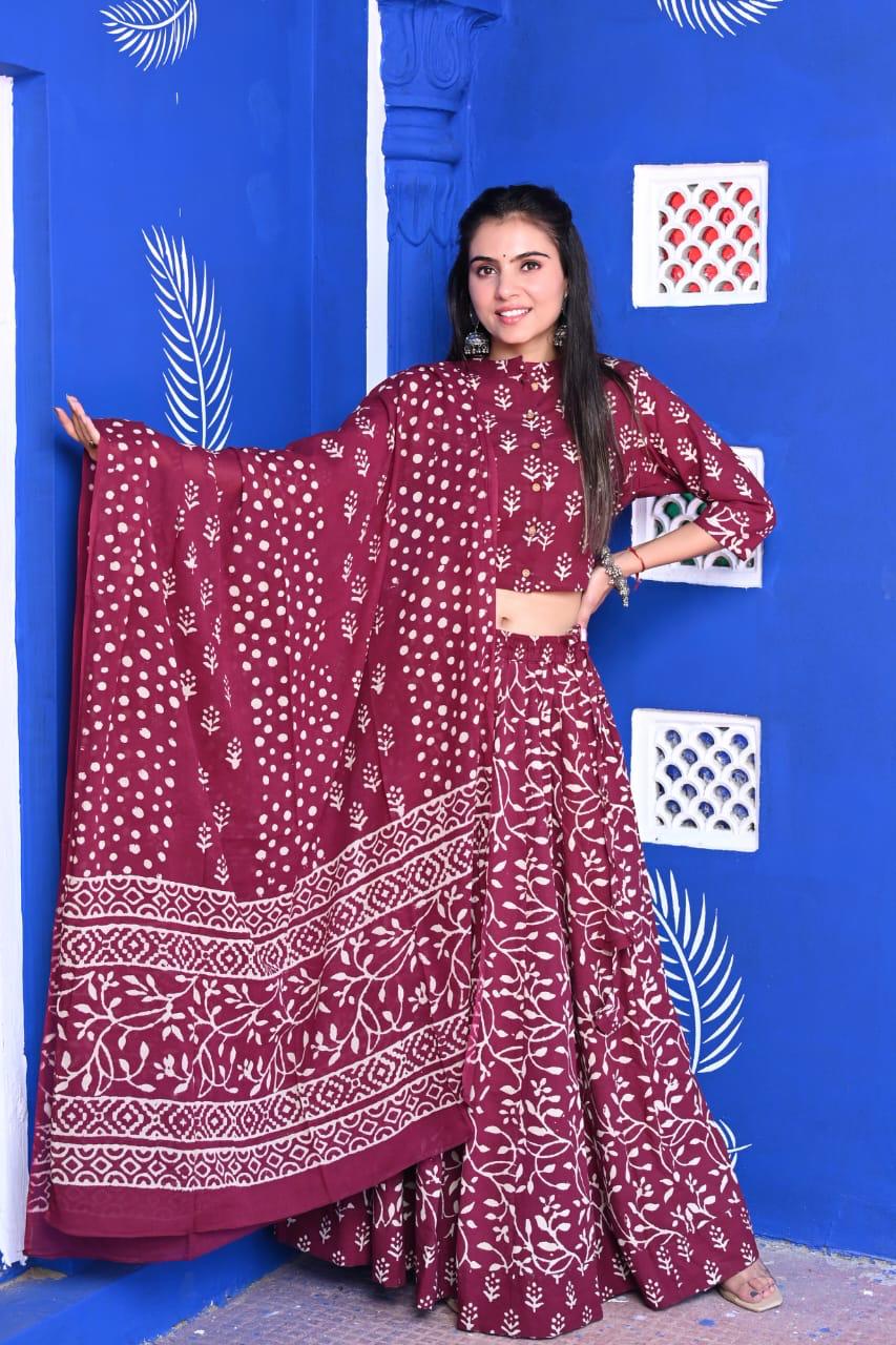 Meroon Bagru Print lehenga choli Set