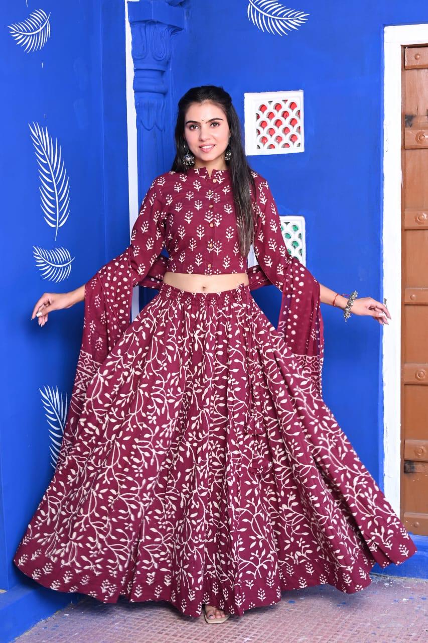 Meroon Bagru Print lehenga choli Set