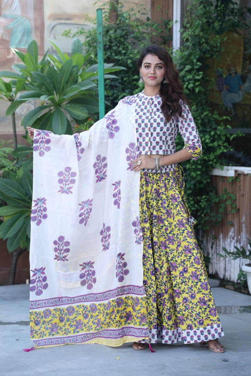 Yellow and white Bagru Flora Print lehenga choli Set