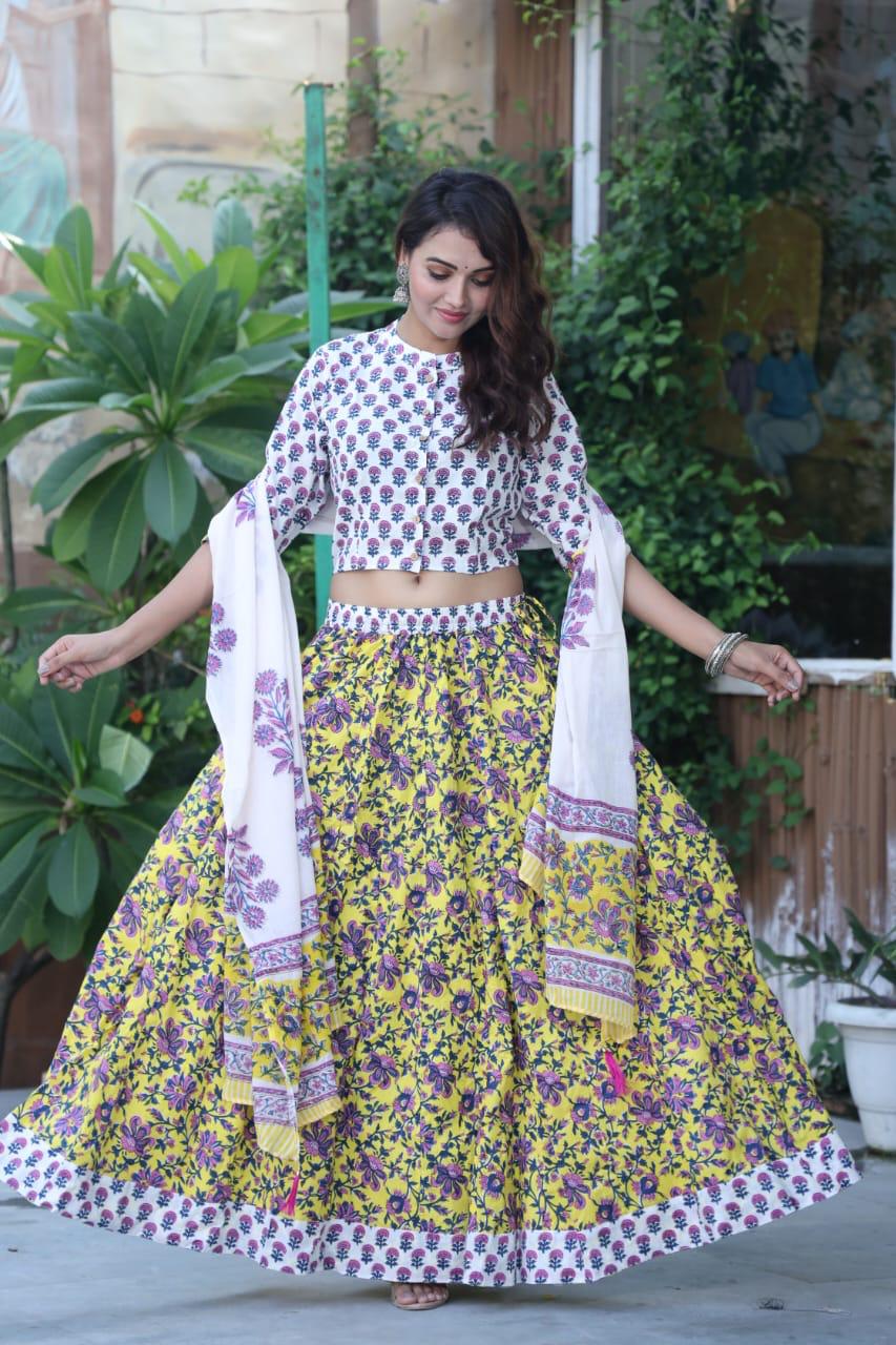 Yellow and white Bagru Flora Print lehenga choli Set