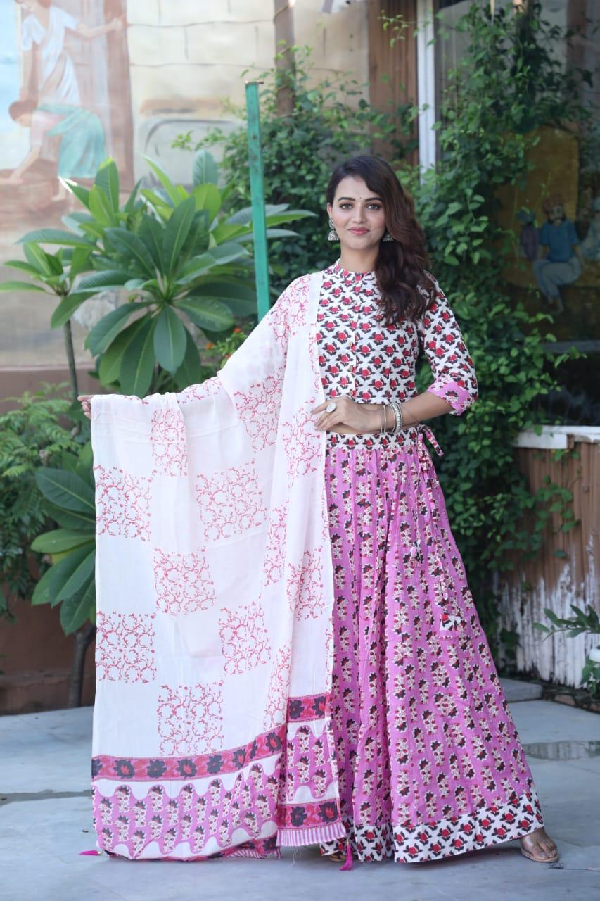 Pink and white Bagru Print lehenga choli Set