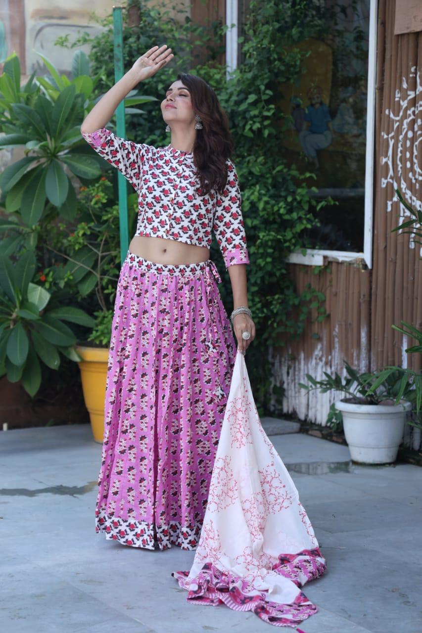 Pink and white Bagru Print lehenga choli Set