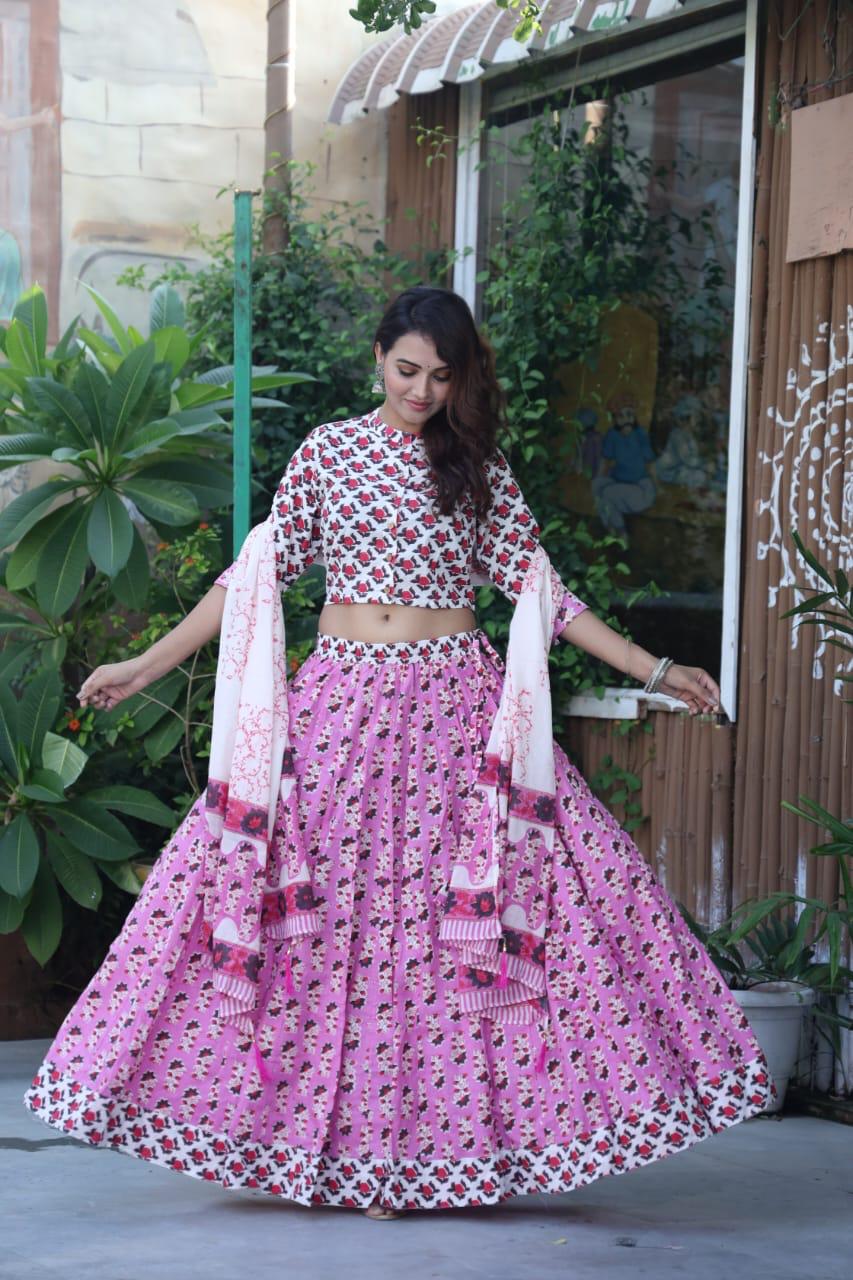 Pink and white Bagru Print lehenga choli Set