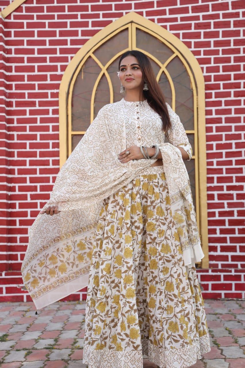 Cream Bagru Print Flora lehenga choli Set