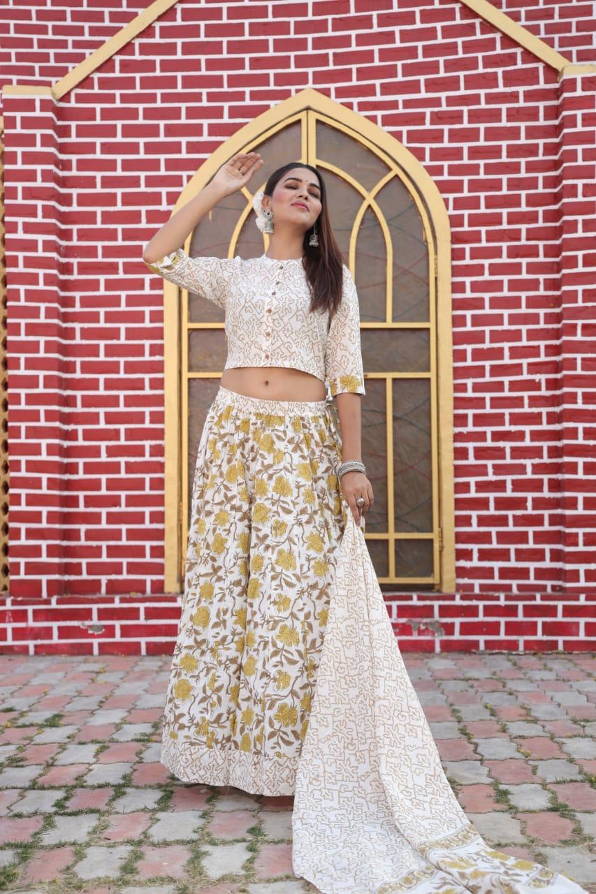 Cream Bagru Print Flora lehenga choli Set