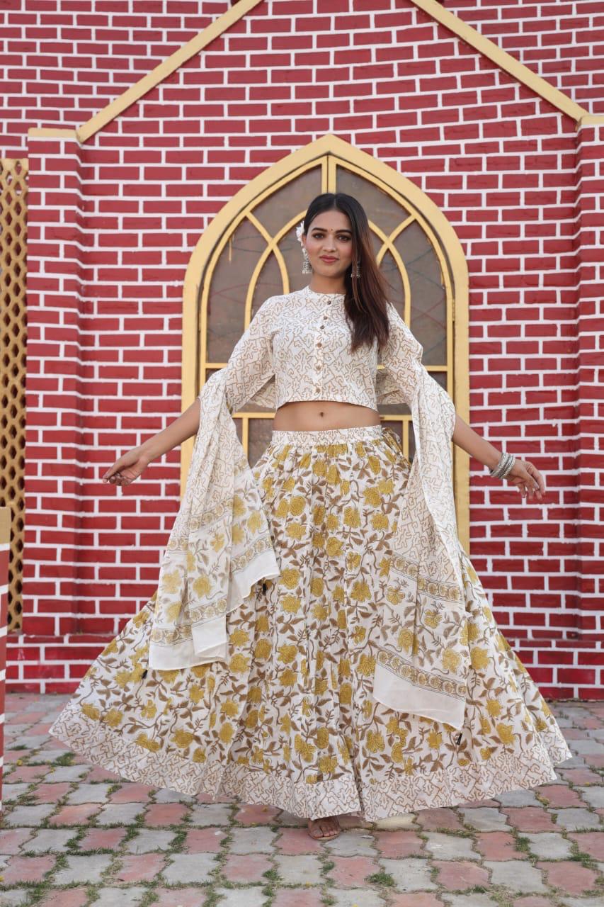 Cream Bagru Print Flora lehenga choli Set