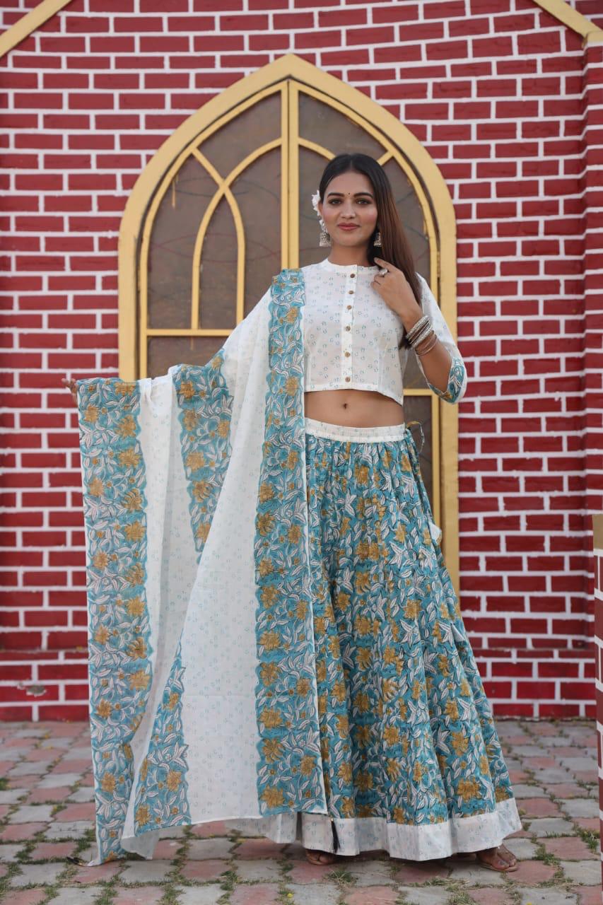 Blue And White Bagru Print Flora lehenga choli Set